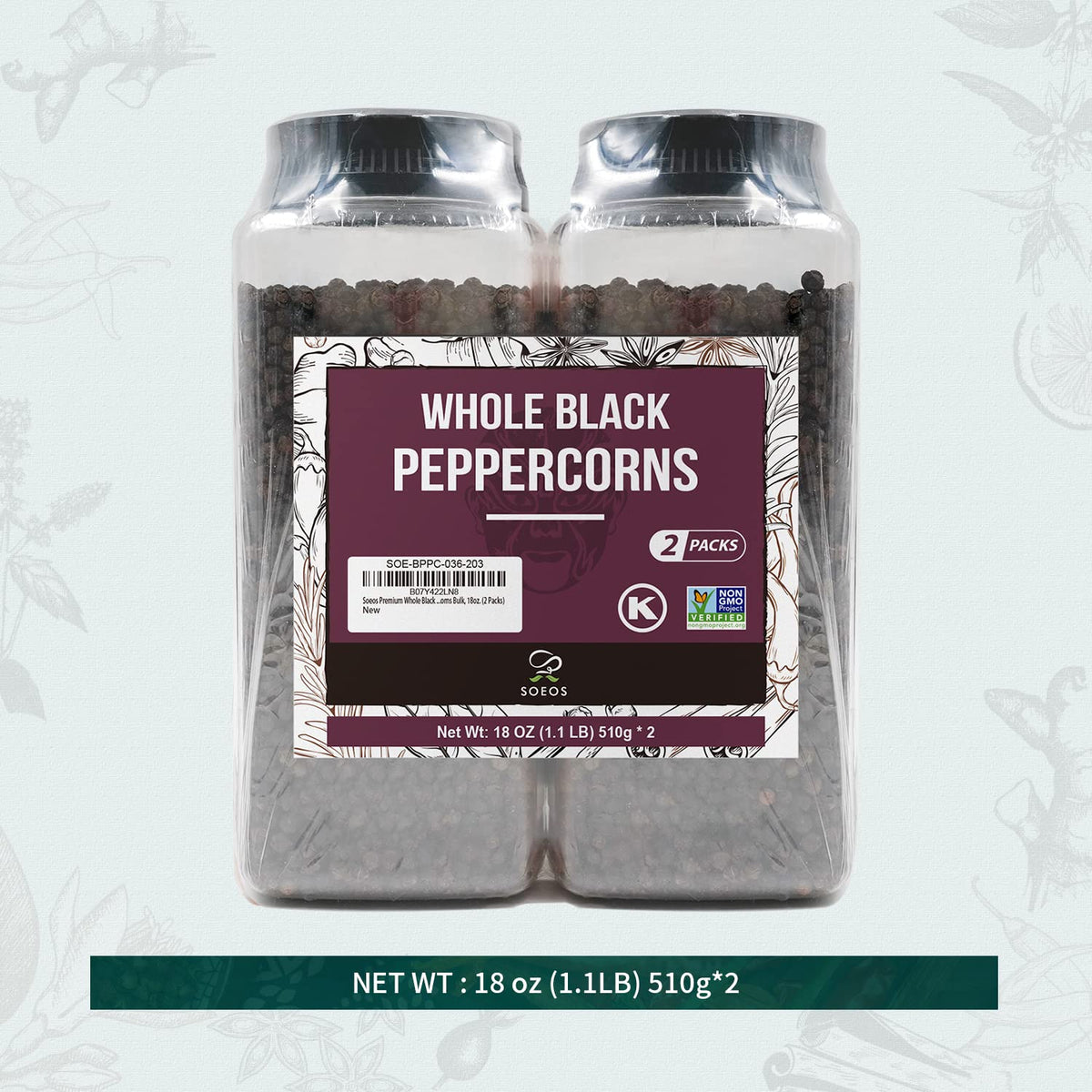 Soeos Black Peppercorns, 18oz x2 – Whole, Non-GMO, Kosher, Fresh-Pack Peppercorns