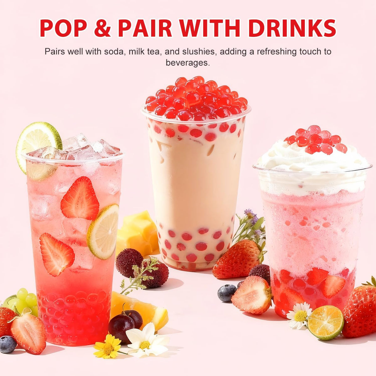 Soeos Strawberry Popping Boba Pearls 6.6 lb – Bursting Boba for Bubble Tea, Desserts & More
