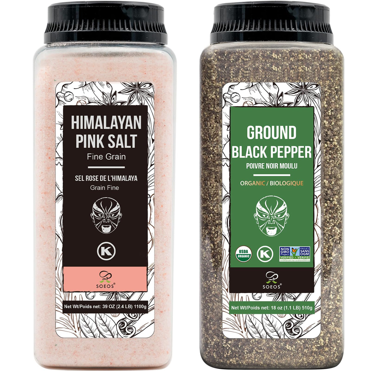 Soeos Himalayan Pink Salt Fine 39 oz + Organic Ground Black Pepper 18 oz | Grinder Refill Duo