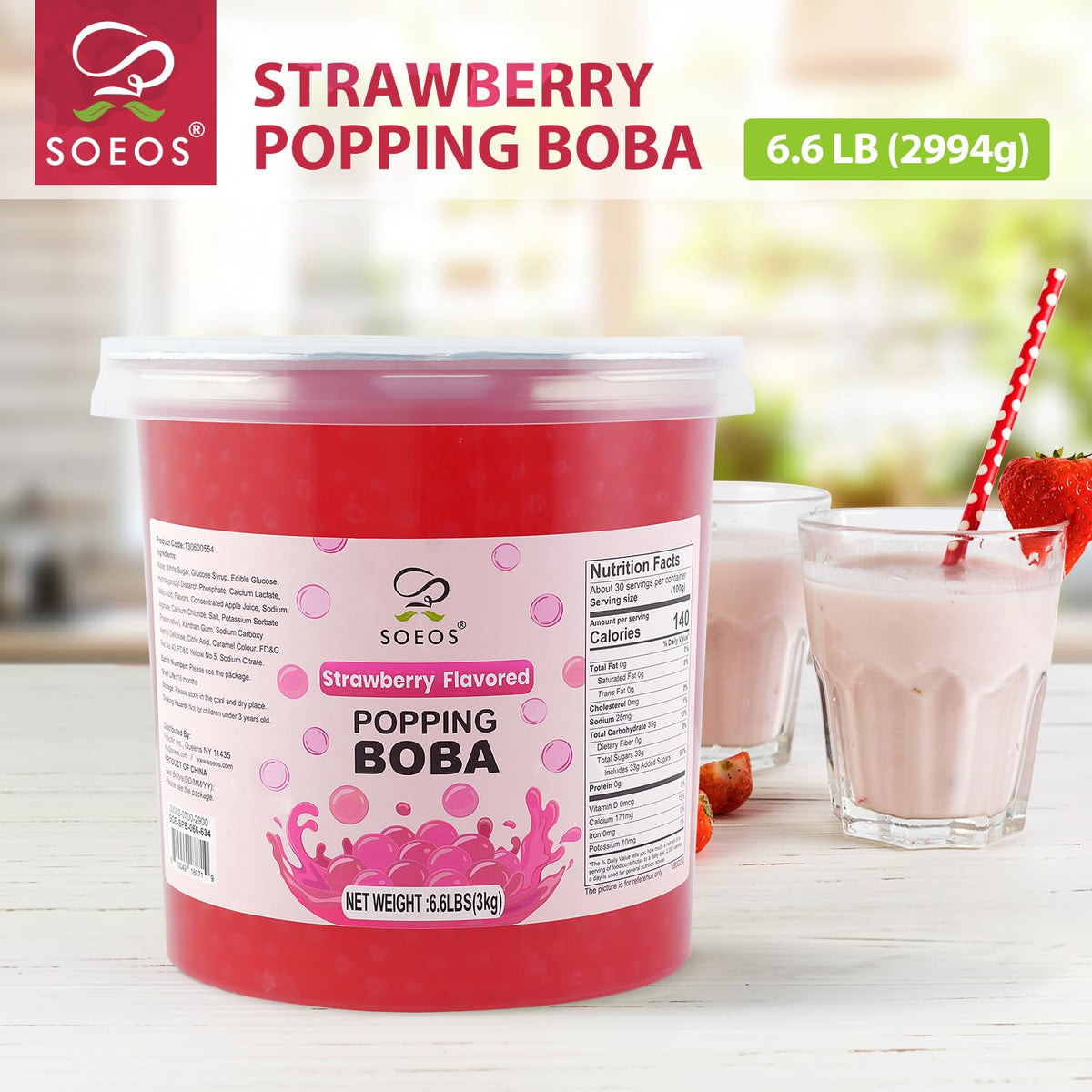 Soeos Strawberry Popping Boba Pearls 6.6 lb – Bursting Boba for Bubble Tea, Desserts & More