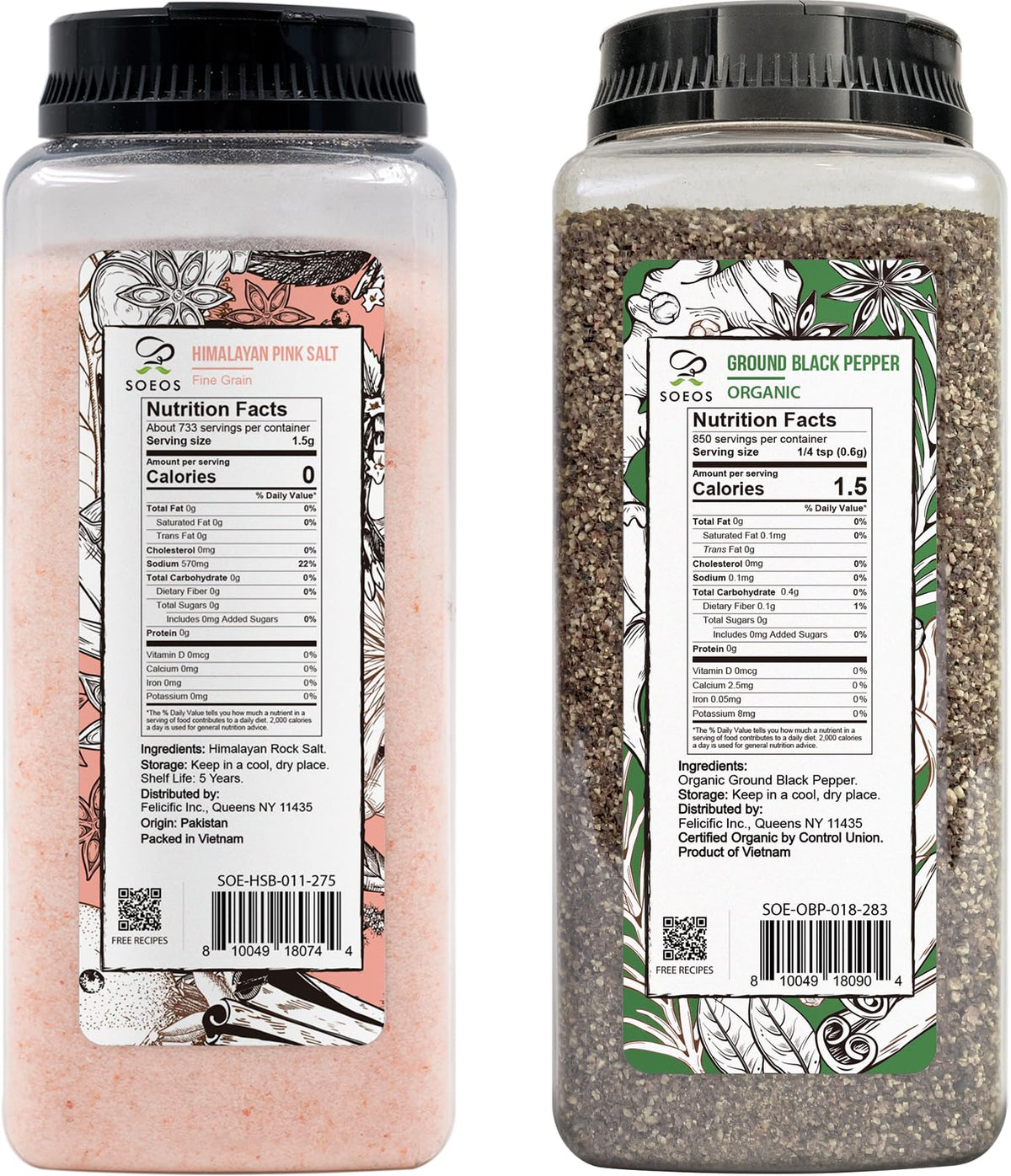 Soeos Himalayan Pink Salt Fine 39 oz + Organic Ground Black Pepper 18 oz | Grinder Refill Duo