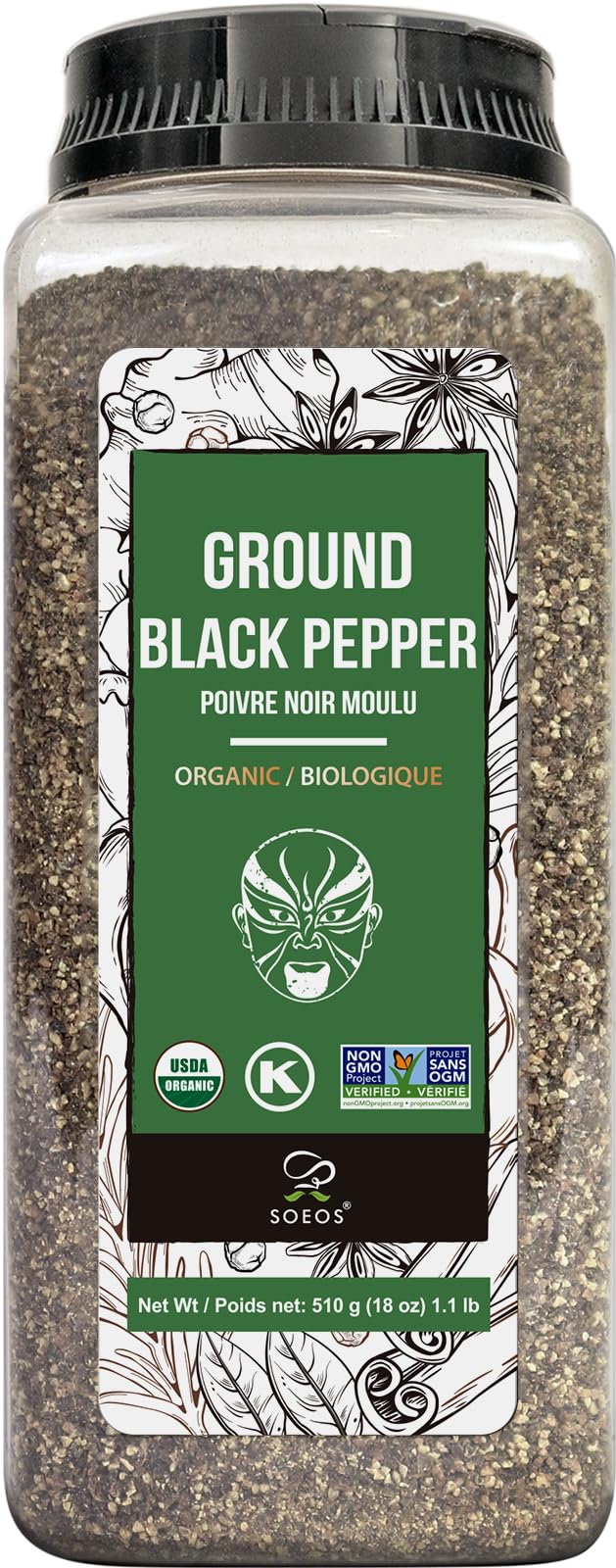 Soeos Organic Ground Black Pepper – Fresh, Non-GMO, 18 oz Bulk, Sealed for Freshness