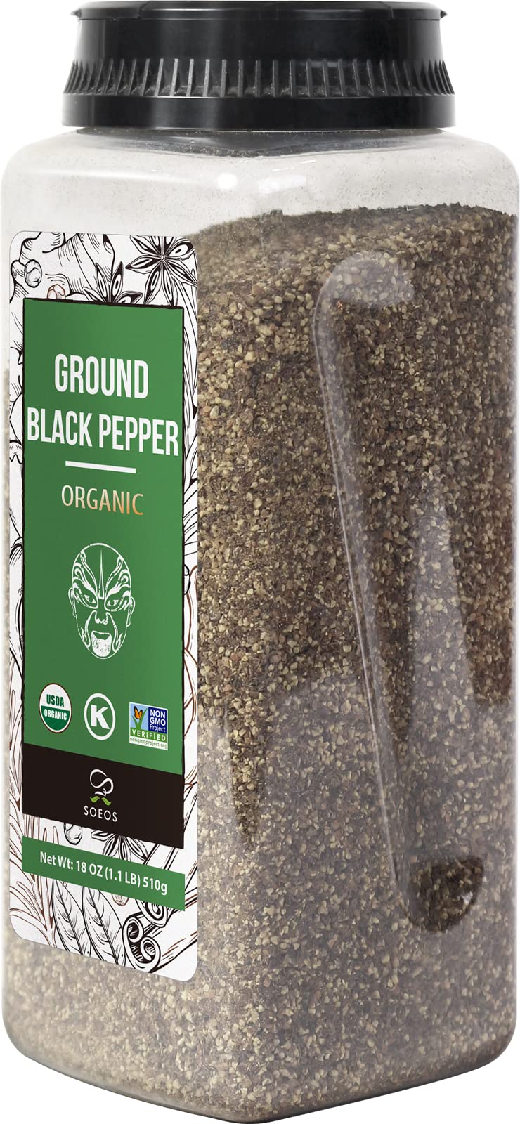 Soeos Organic Ground Black Pepper – Fresh, Non-GMO, 18 oz Bulk, Sealed for Freshness