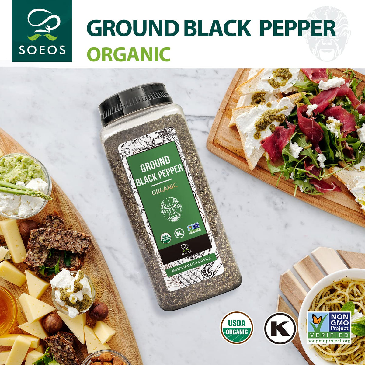 Soeos Organic Ground Black Pepper – Fresh, Non-GMO, 18 oz Bulk, Sealed for Freshness