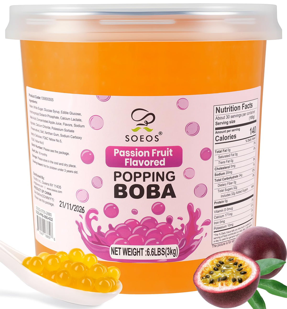 Soeos Passion Fruit Popping Boba Pearls – 6.6 lb Burst Boba Toppings for Bubble Tea, Desserts & Drinks