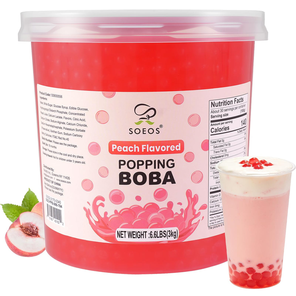 Soeos Peach Popping Boba – 6.6 lb Bursting Peach Pearls for Bubble Tea, Desserts & Yogurt