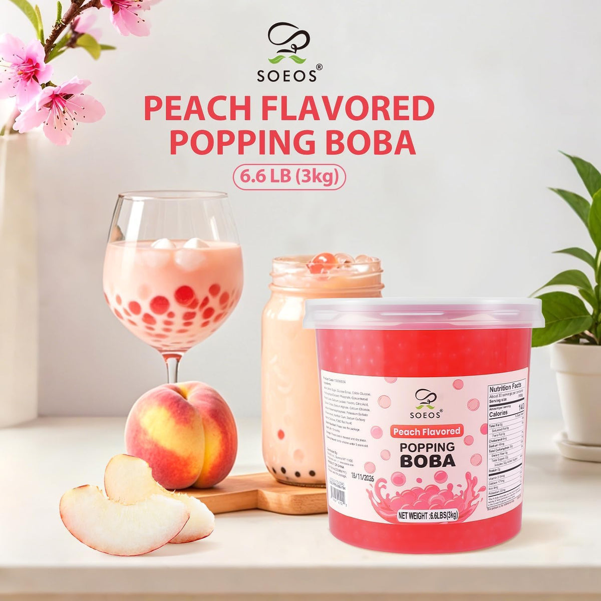 Soeos Peach Popping Boba – 6.6 lb Bursting Peach Pearls for Bubble Tea, Desserts & Yogurt