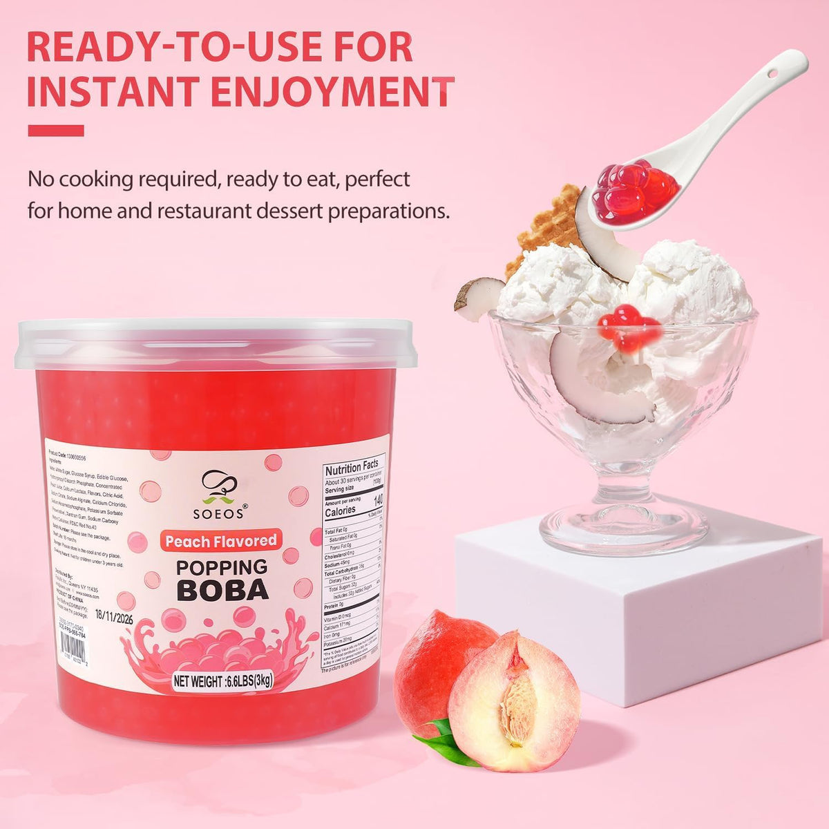 Soeos Peach Popping Boba – 6.6 lb Bursting Peach Pearls for Bubble Tea, Desserts & Yogurt