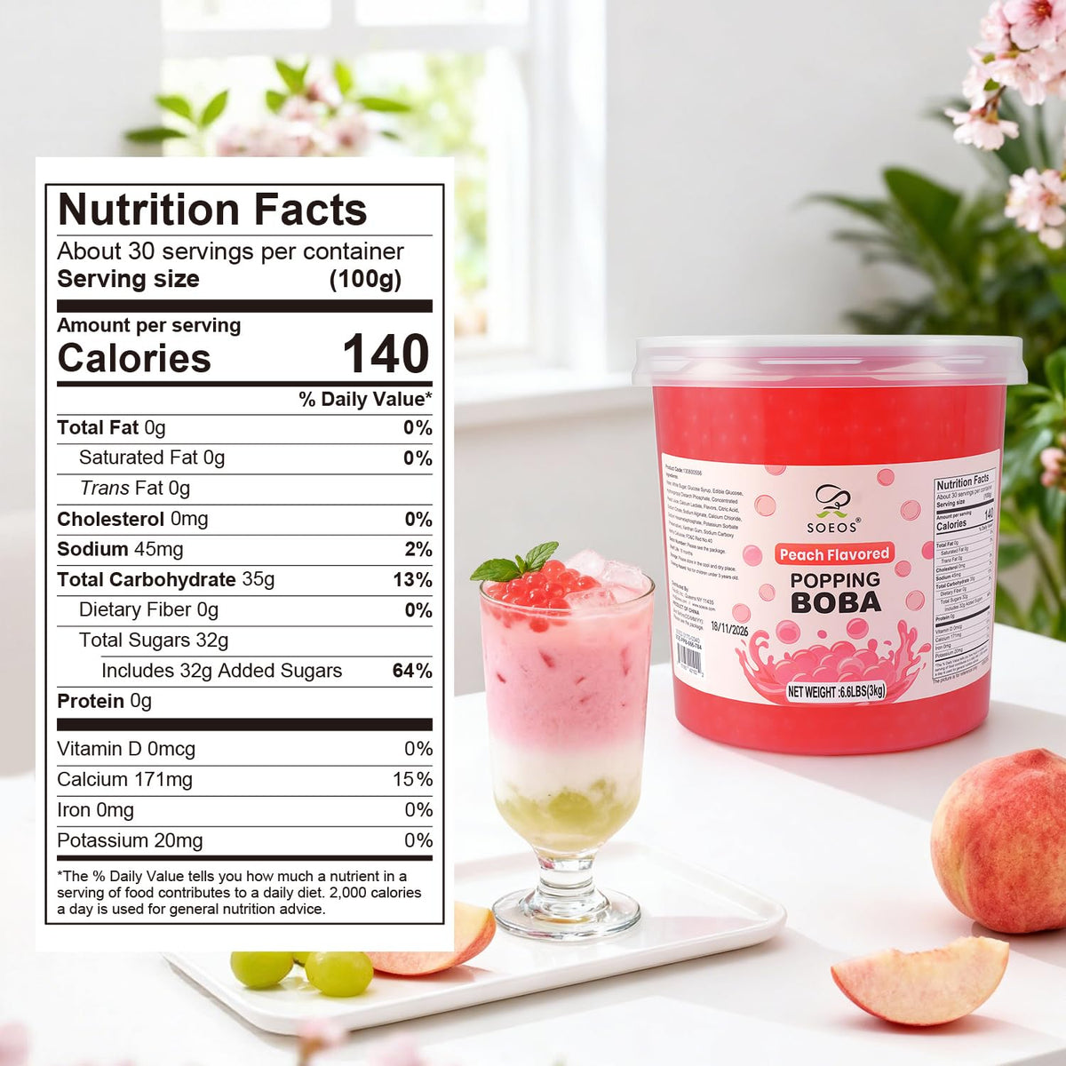 Soeos Peach Popping Boba – 6.6 lb Bursting Peach Pearls for Bubble Tea, Desserts & Yogurt