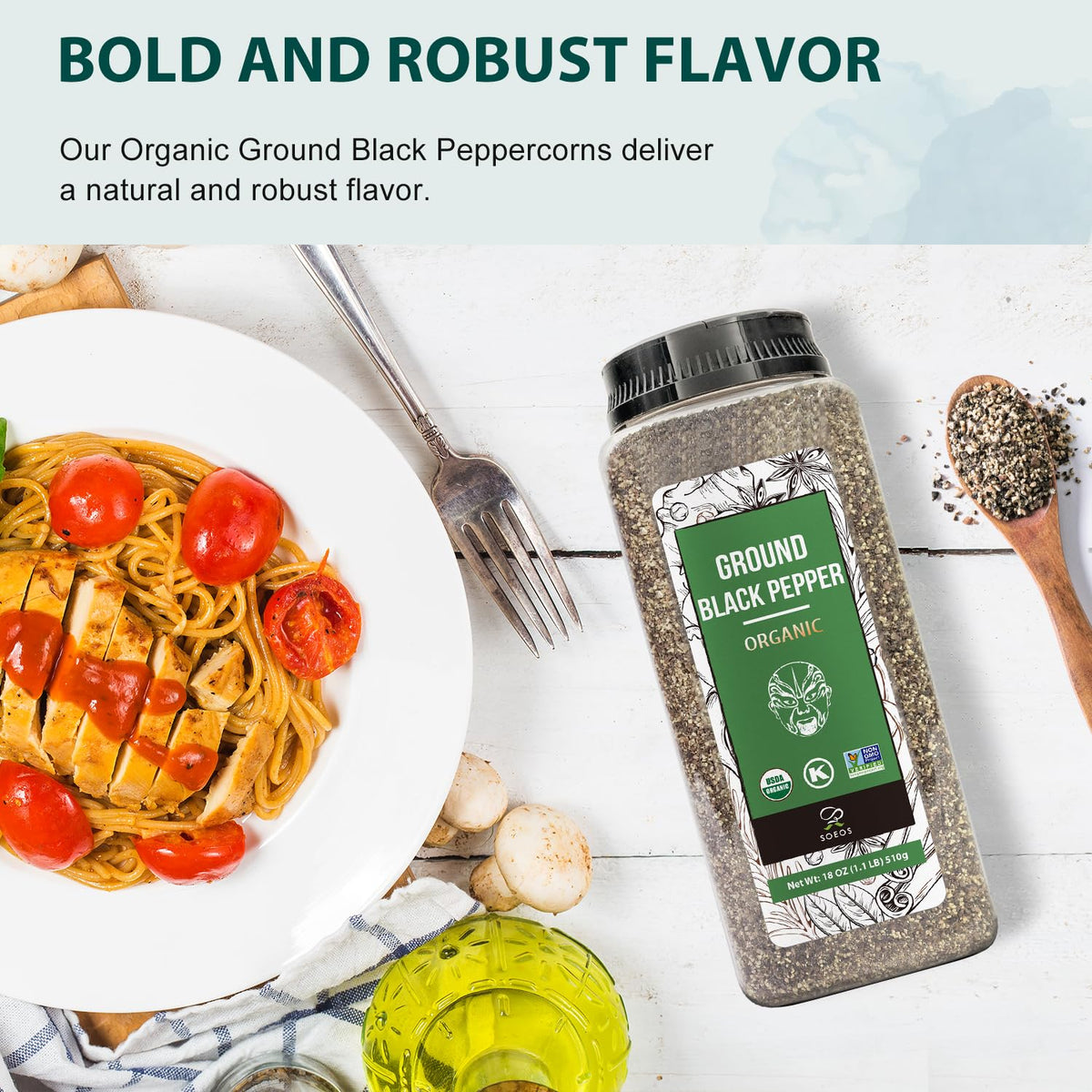 Soeos Himalayan Pink Salt Fine 39 oz + Organic Ground Black Pepper 18 oz | Grinder Refill Duo