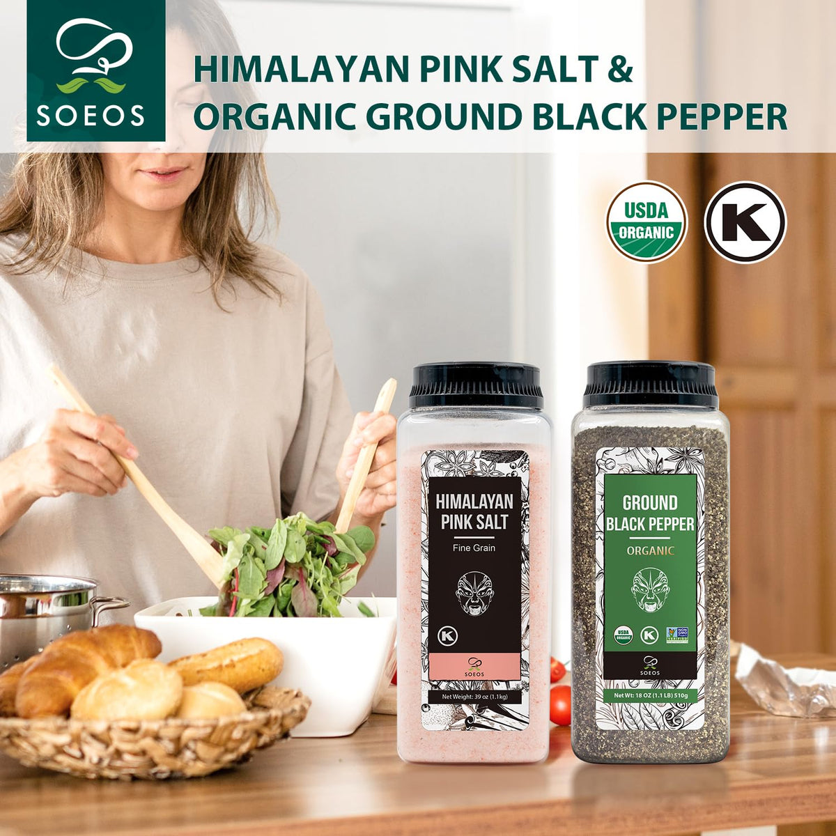 Soeos Himalayan Pink Salt Fine 39 oz + Organic Ground Black Pepper 18 oz | Grinder Refill Duo