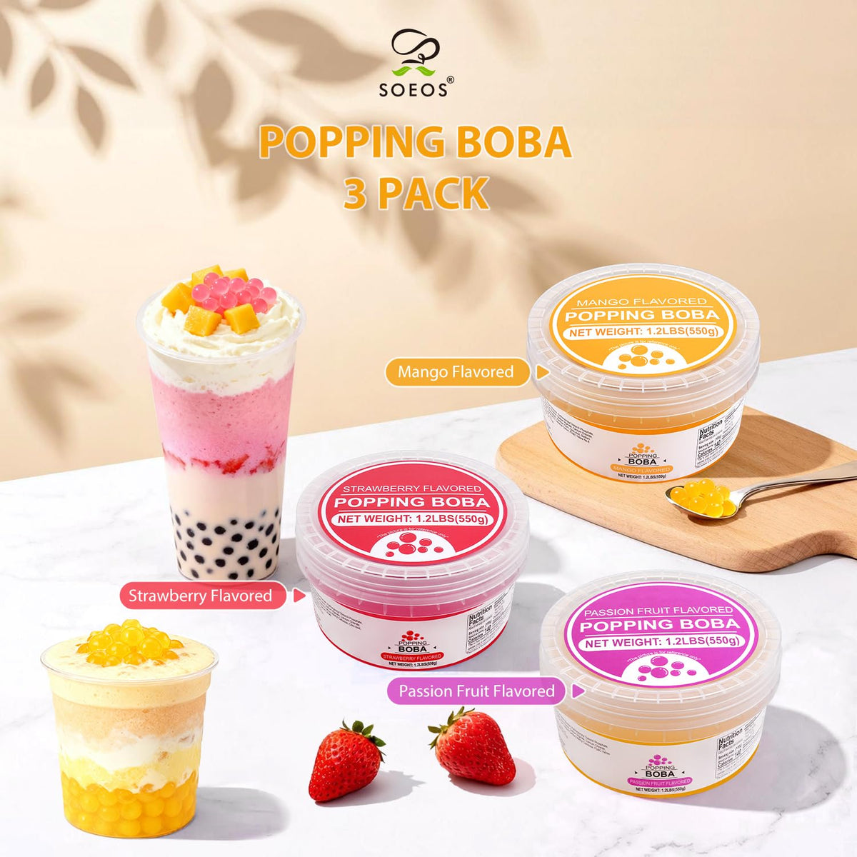 Soeos Strawberry Mango Passion Fruit Popping Boba – 3-Pack, 1.2lbs (550g), Ready-to-Use Pearls for Bubble Tea & Desserts