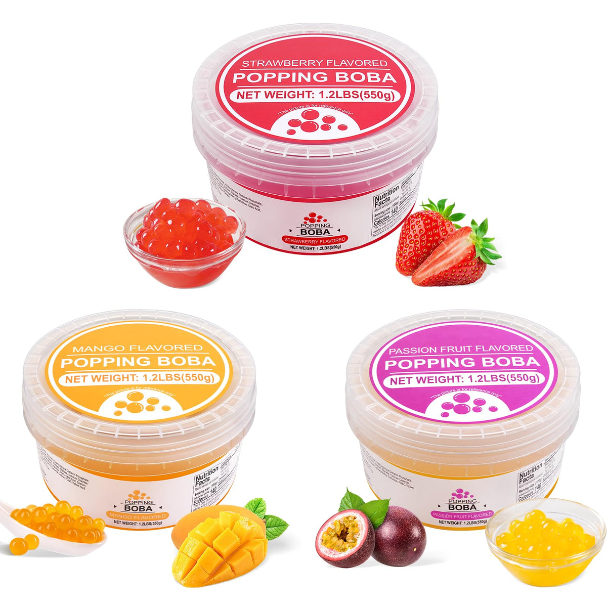 Soeos Strawberry Mango Passion Fruit Popping Boba – 3-Pack, 1.2lbs (550g), Ready-to-Use Pearls for Bubble Tea & Desserts