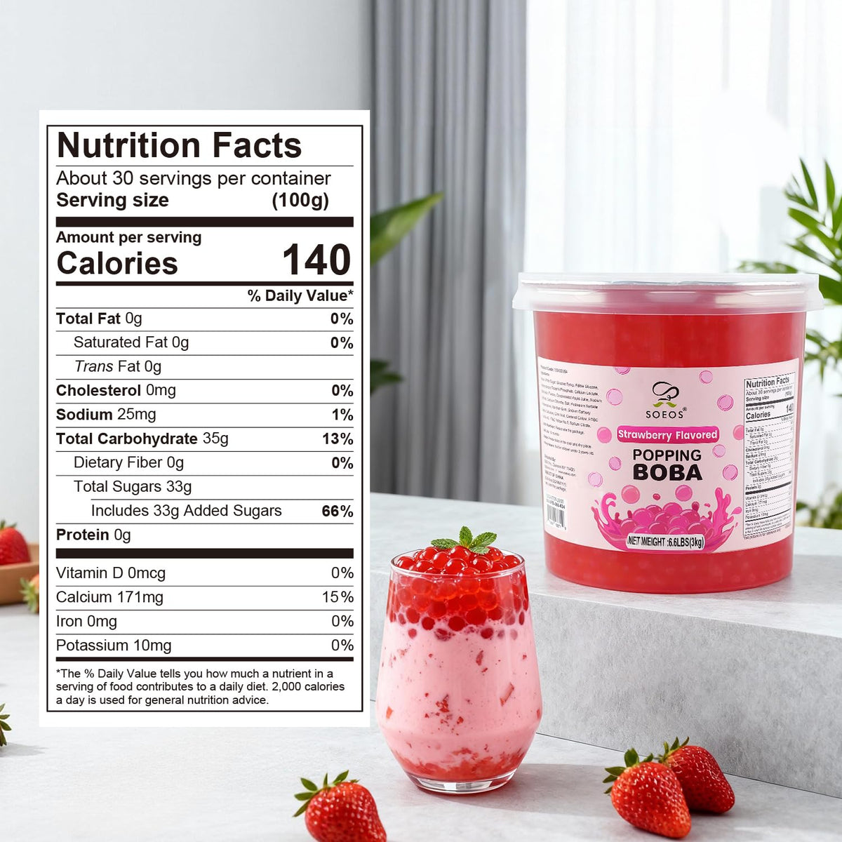 Soeos Strawberry Popping Boba Pearls 6.6 lb – Bursting Boba for Bubble Tea, Desserts & More