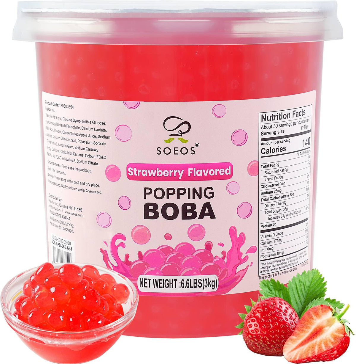 Soeos Strawberry Popping Boba Pearls 6.6 lb – Bursting Boba for Bubble Tea, Desserts & More