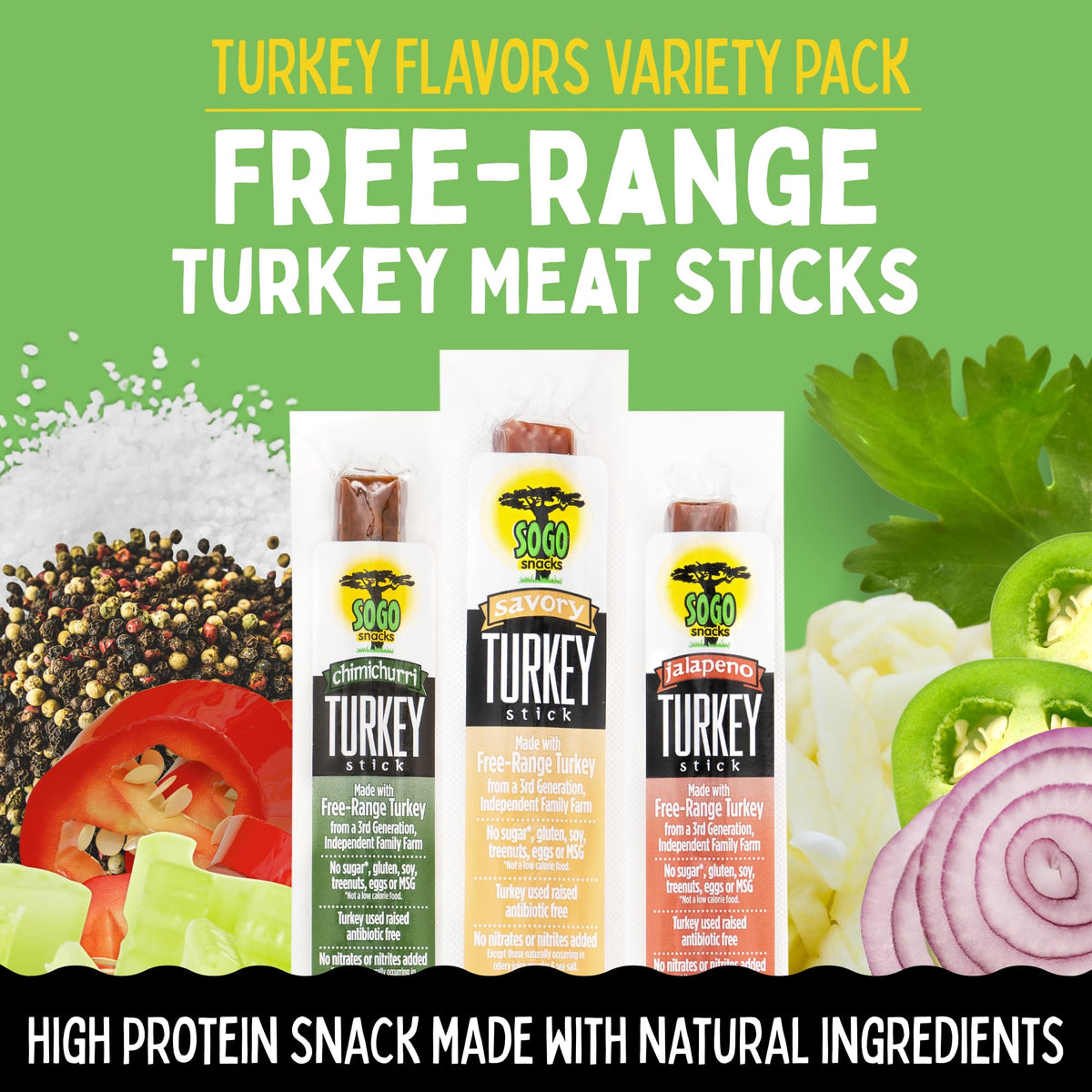 Sogo Snacks Turkey Variety Pack – No Sugar, Gluten Free, Free-Range Jerky (1 oz, 12 Ct)