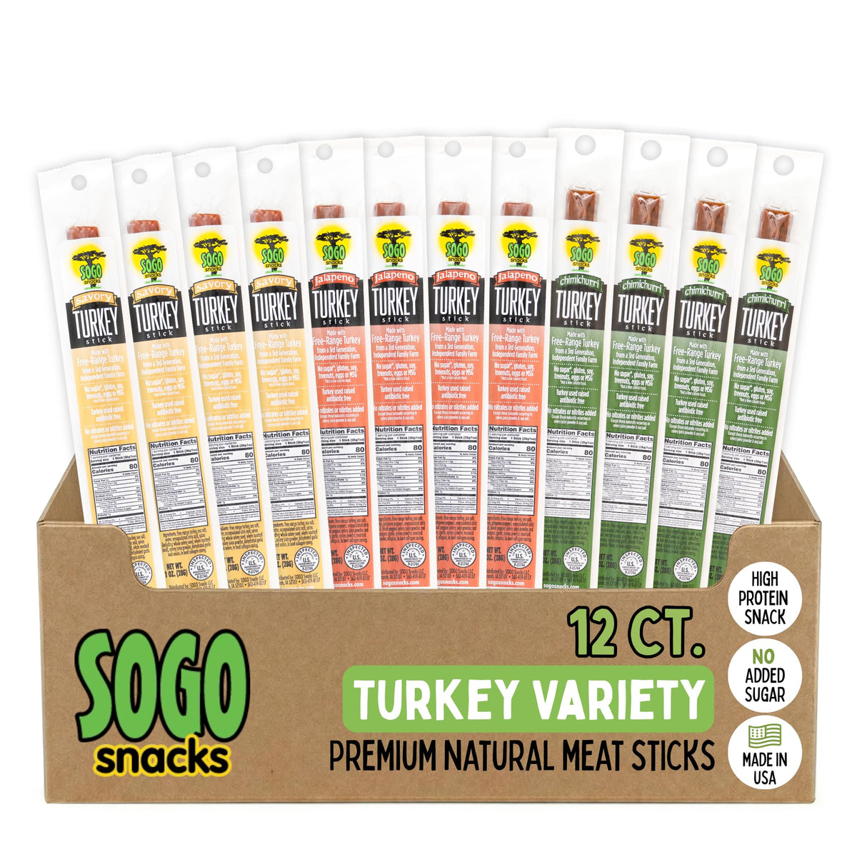 Sogo Snacks Turkey Variety Pack – No Sugar, Gluten Free, Free-Range Jerky (1 oz, 12 Ct)