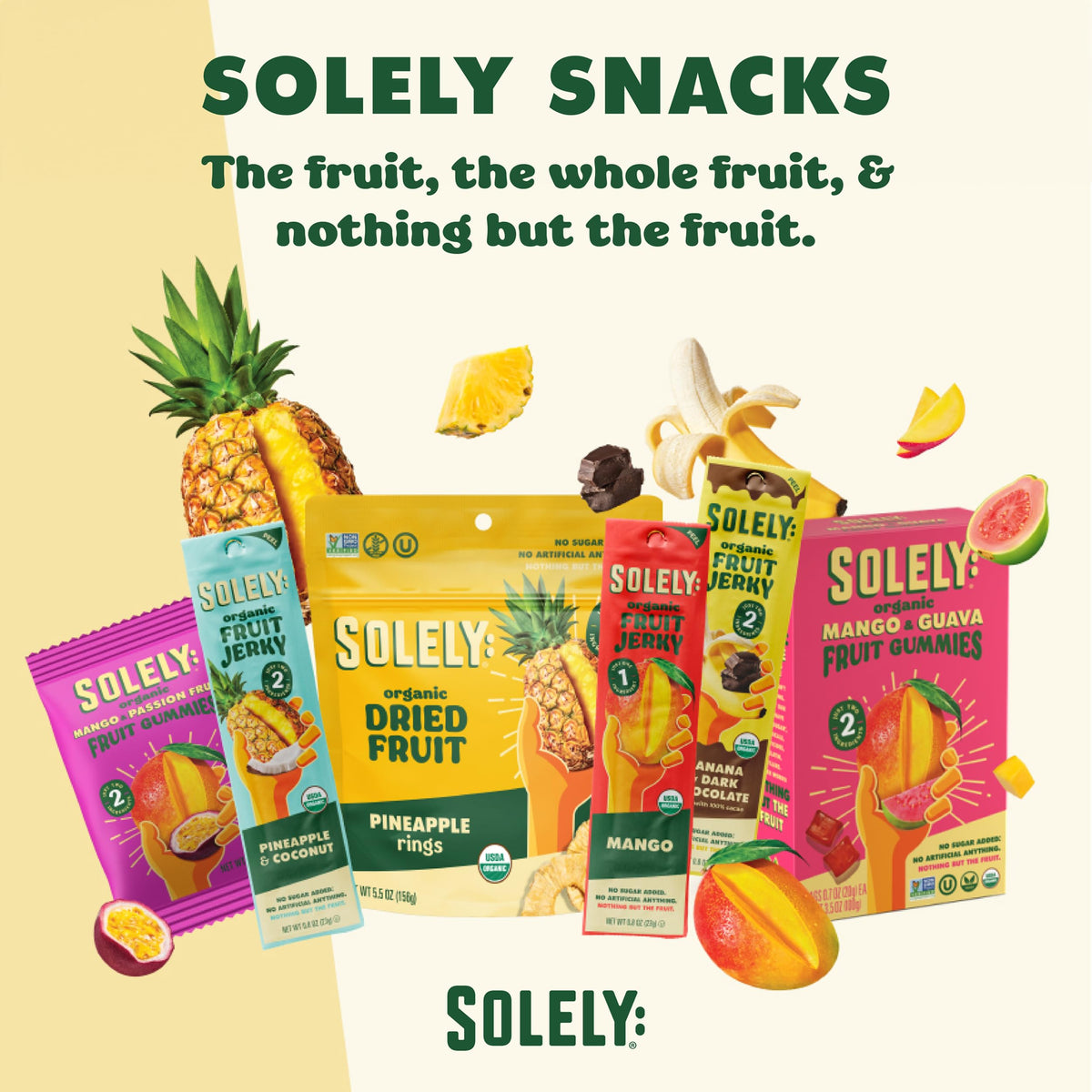 SOLELY Organic Pineapple Fruit Jerky - 15 Individual Servings - Non-GMO Vegan Snack - 0.8oz (23g)