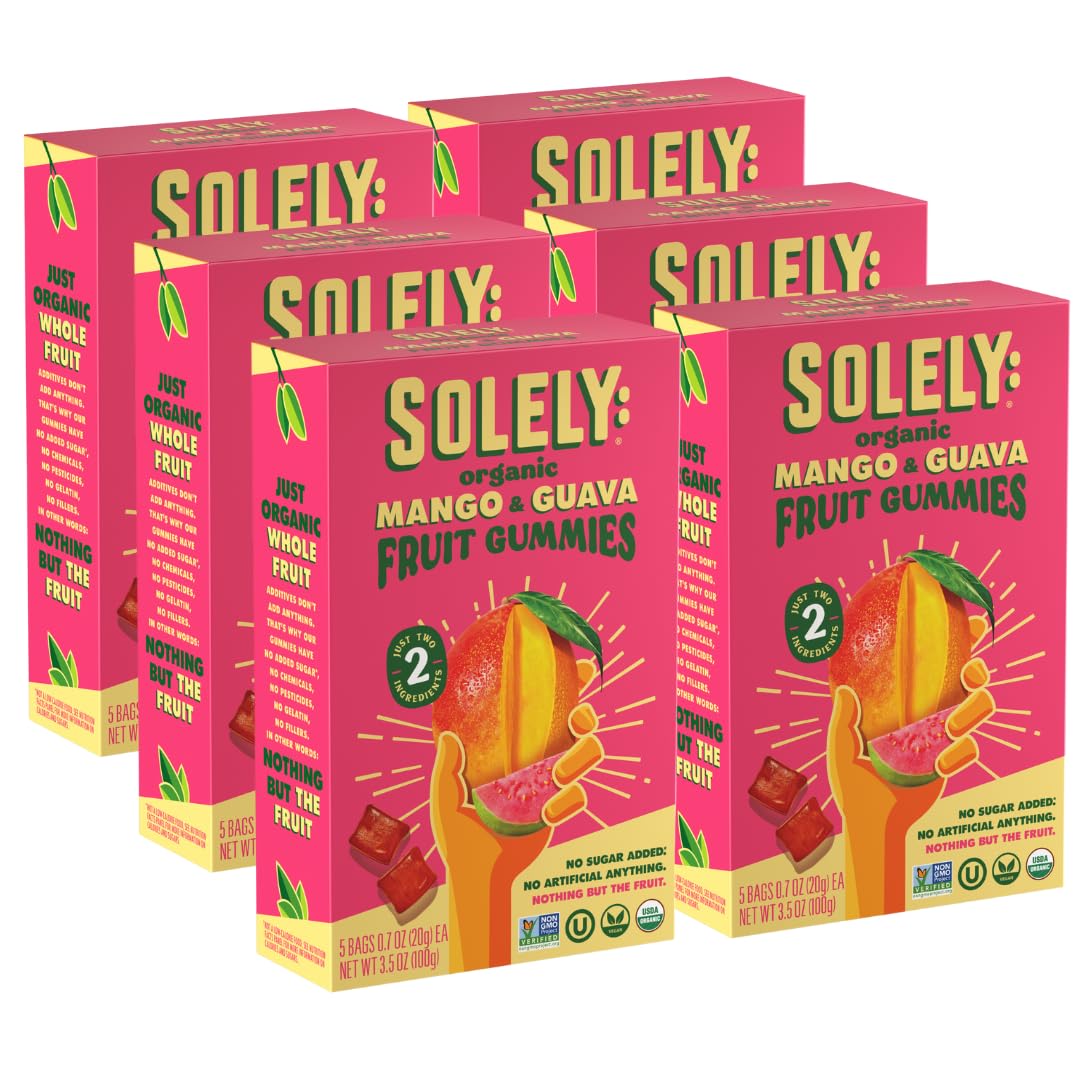 SOLELY Organic Mango & Guava Whole Fruit Gummies — 6 Boxes (5 Bags Each) | Real Fruit, Vegan, Non-GMO, Shelf-Stable