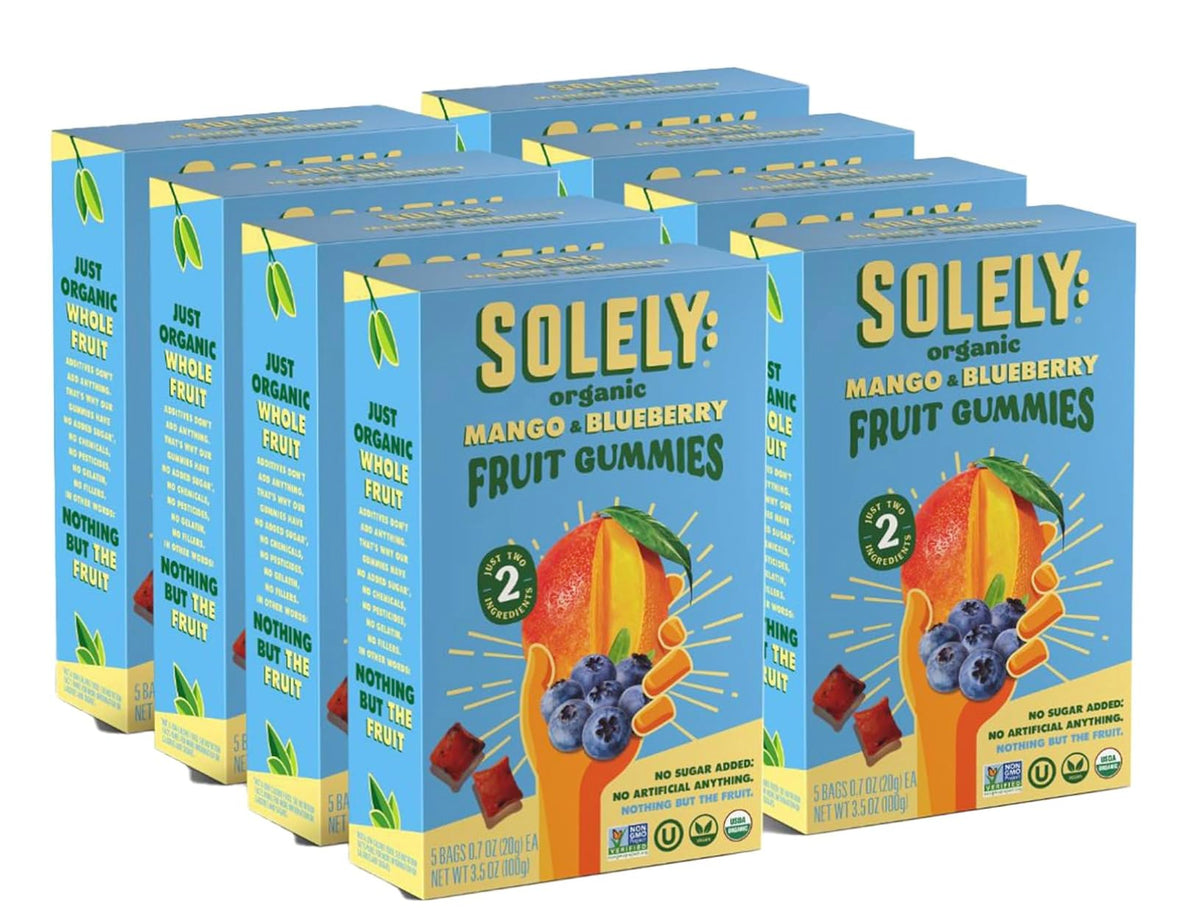 SOLELY Organic Mango & Blueberry Whole Fruit Gummies – 40 Bags (8 Boxes), Vegan & Non-GMO