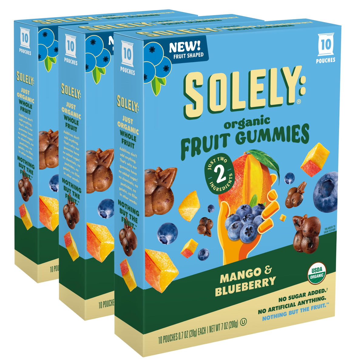 SOLELY Organic Mango and Blueberry Whole Fruit Gummies – Pack of 3 Boxes (30 Bags), Vegan, Non-GMO, Shelf-Stable