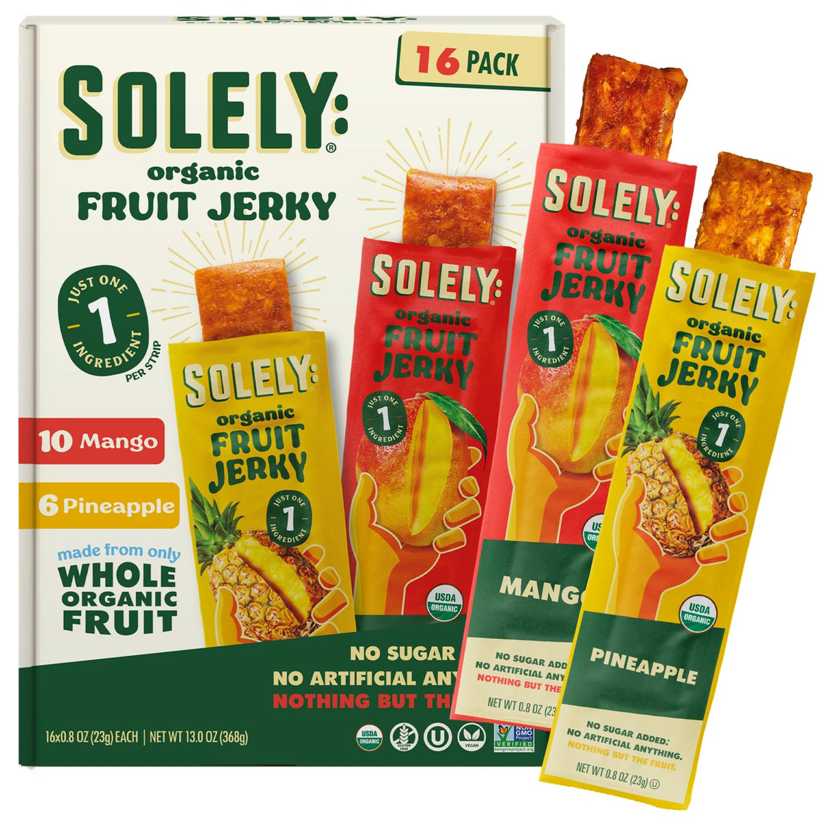 SOLELY Organic Mango & Pineapple Fruit Jerky – 16 Strips, Non-GMO, Vegan Snack