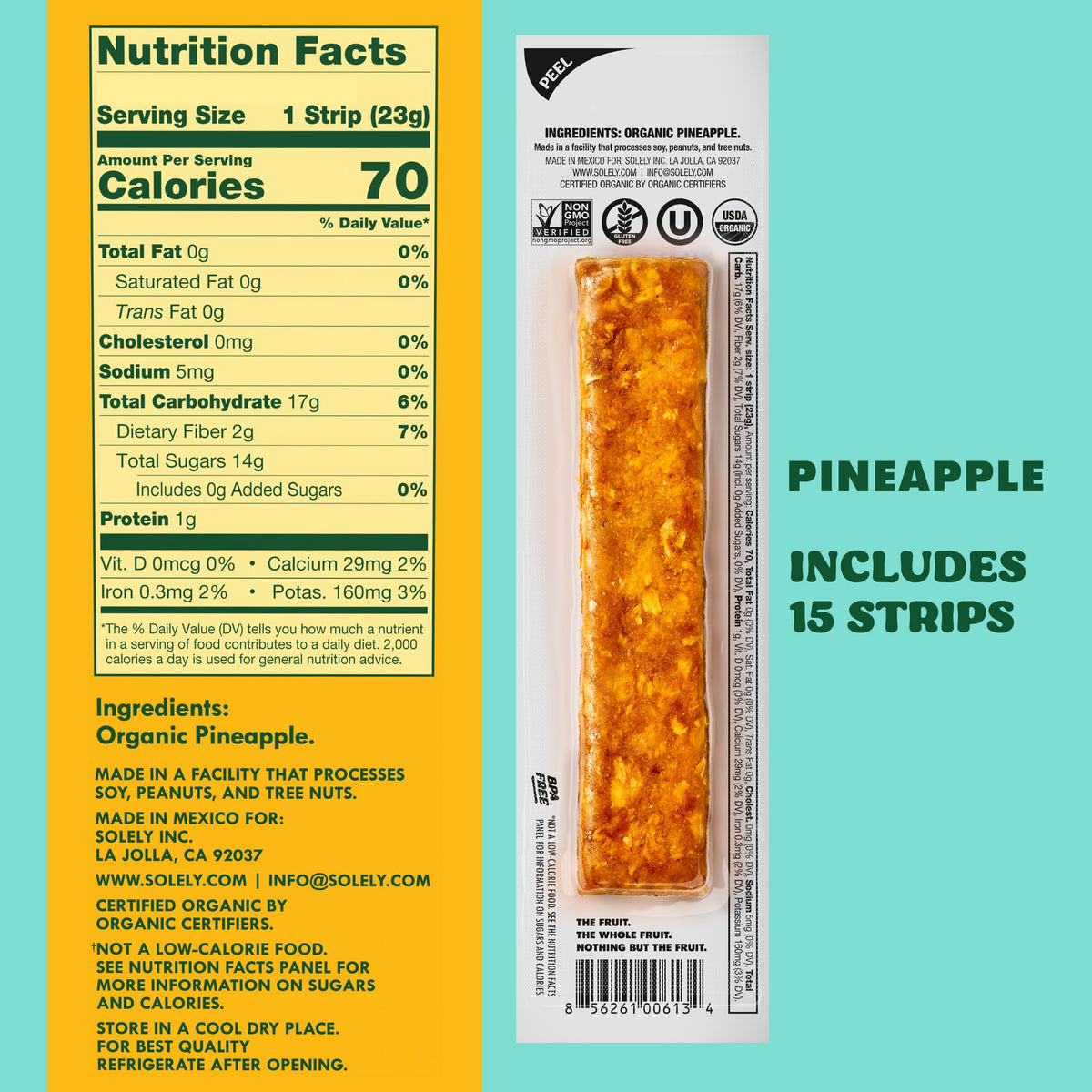 SOLELY Organic Pineapple Fruit Jerky - 15 Individual Servings - Non-GMO Vegan Snack - 0.8oz (23g)
