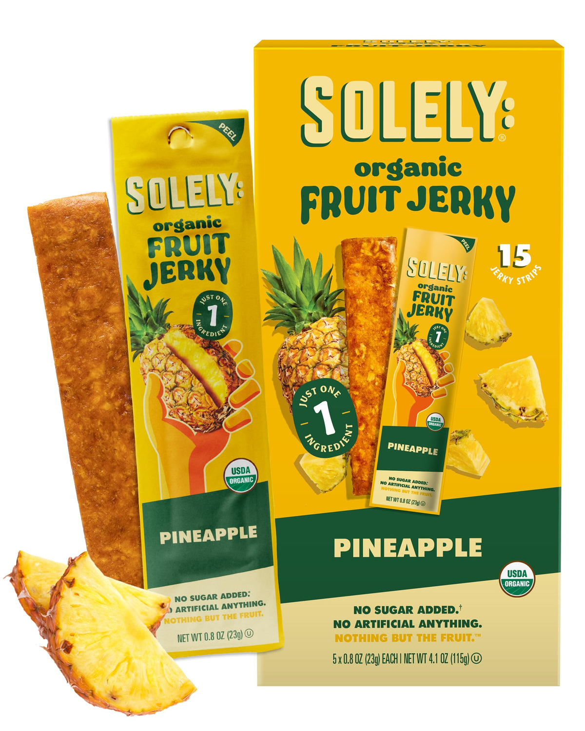 SOLELY Organic Pineapple Fruit Jerky - 15 Individual Servings - Non-GMO Vegan Snack - 0.8oz (23g)
