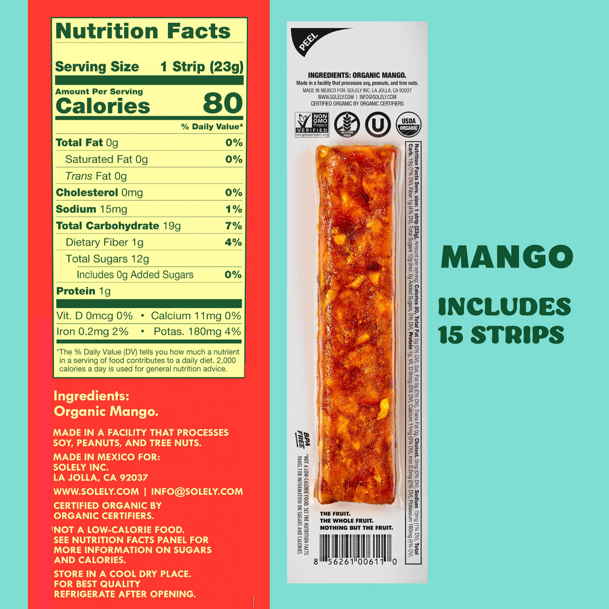 SOLELY Organic Mango Fruit Jerky — 15 Individually Wrapped Strips | Vegan & Non-GMO Snack