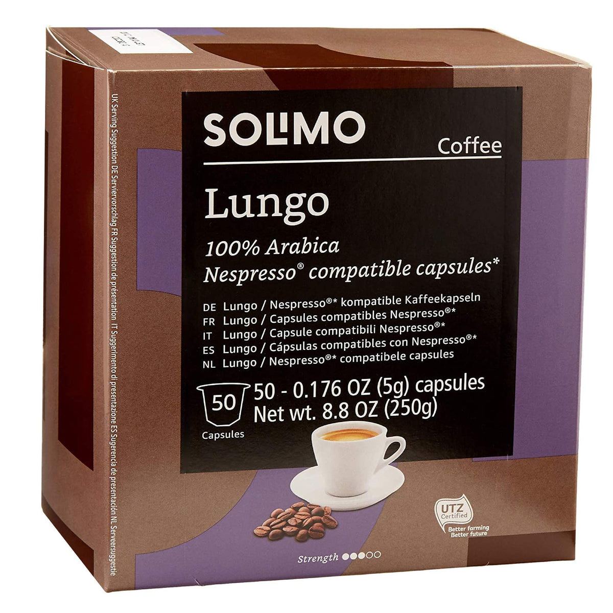 Amazon Brand - Solimo Lungo Capsules, Medium Roast, 50 Count, Nespresso Original Compatible