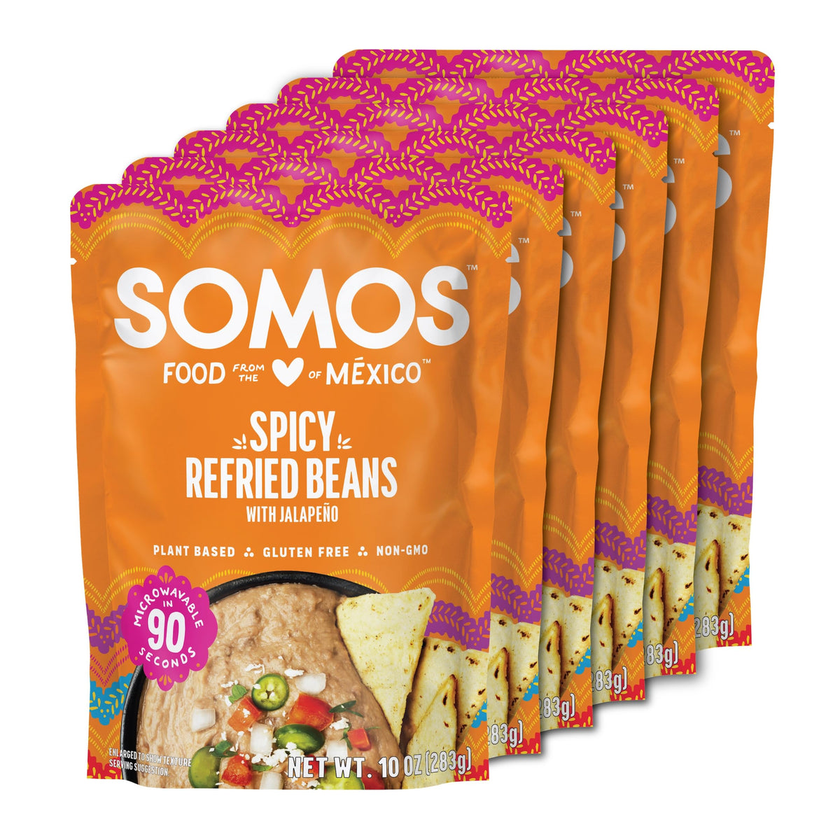 SOMOS Spicy Refried Beans – Gluten Free, Non-GMO, Vegan & Microwaveable (10 oz, Pack of 6)