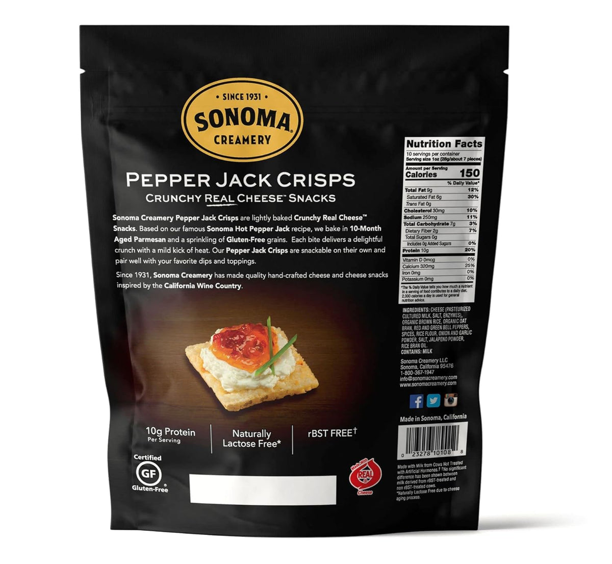 Sonoma Creamery Pepper Jack Cheese Crisps – 2x10 oz, High Protein, Low Carb, Gluten Free