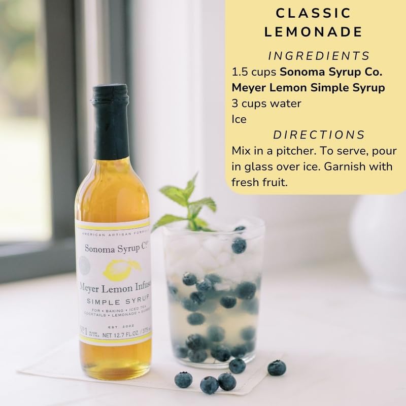 Sonoma Syrup Co. Meyer Lemon Infused Simple Syrup 12.7 fl oz | For Coffee, Cocktails & Cooking | Hand Crafted in the USA