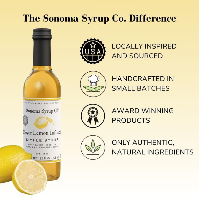 Sonoma Syrup Co. Meyer Lemon Infused Simple Syrup 12.7 fl oz | For Coffee, Cocktails & Cooking | Hand Crafted in the USA