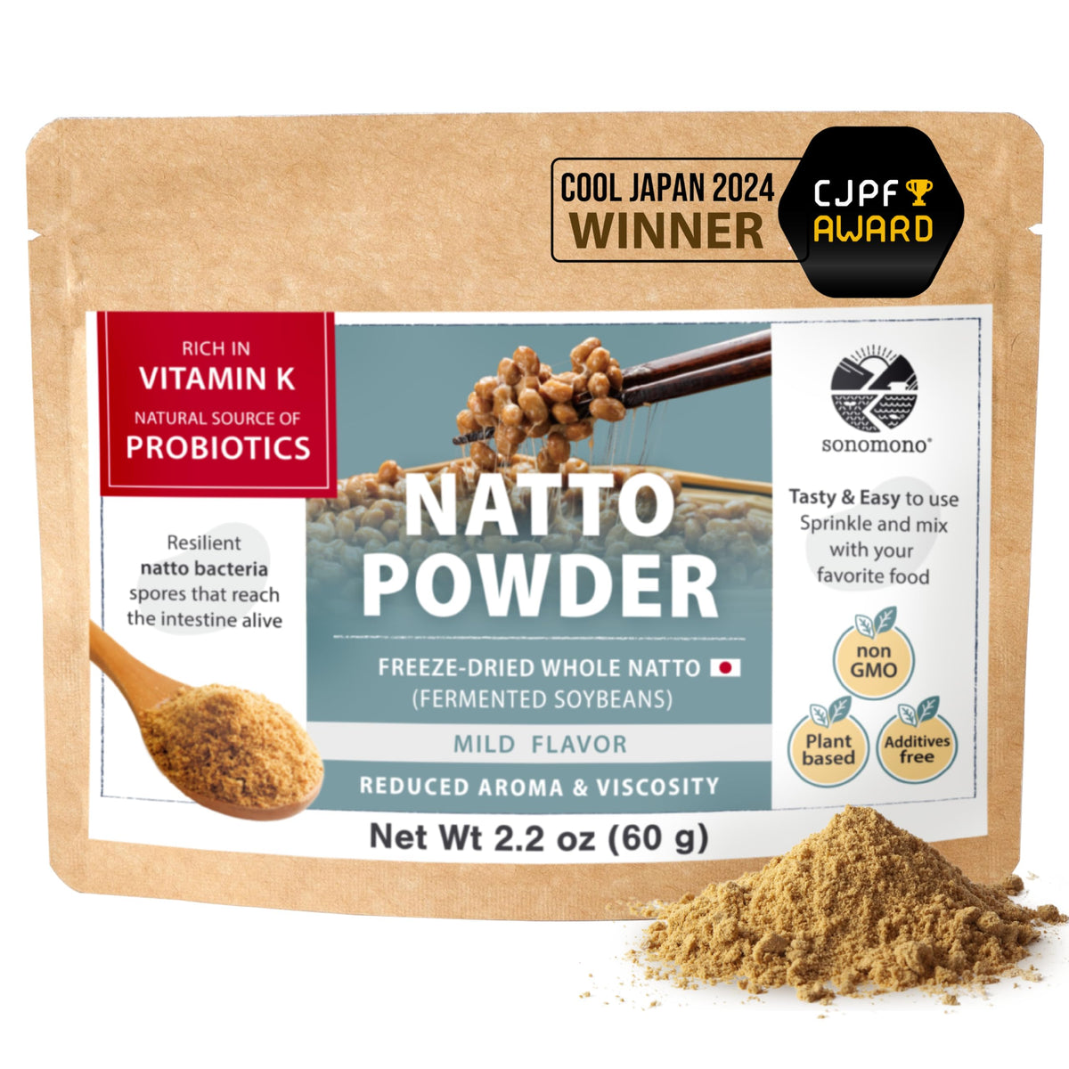 sonomono Japanese Natto Powder – Mild Flavor, Freeze-Dried, Non-GMO, Vegan, Made in Japan (60 g)