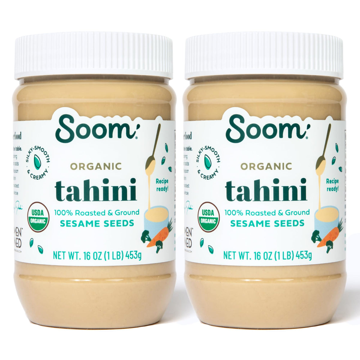 Soom Organic Tahini 16oz (2-Pack) – Creamy Sesame Paste for Hummus, Sauces & Desserts
