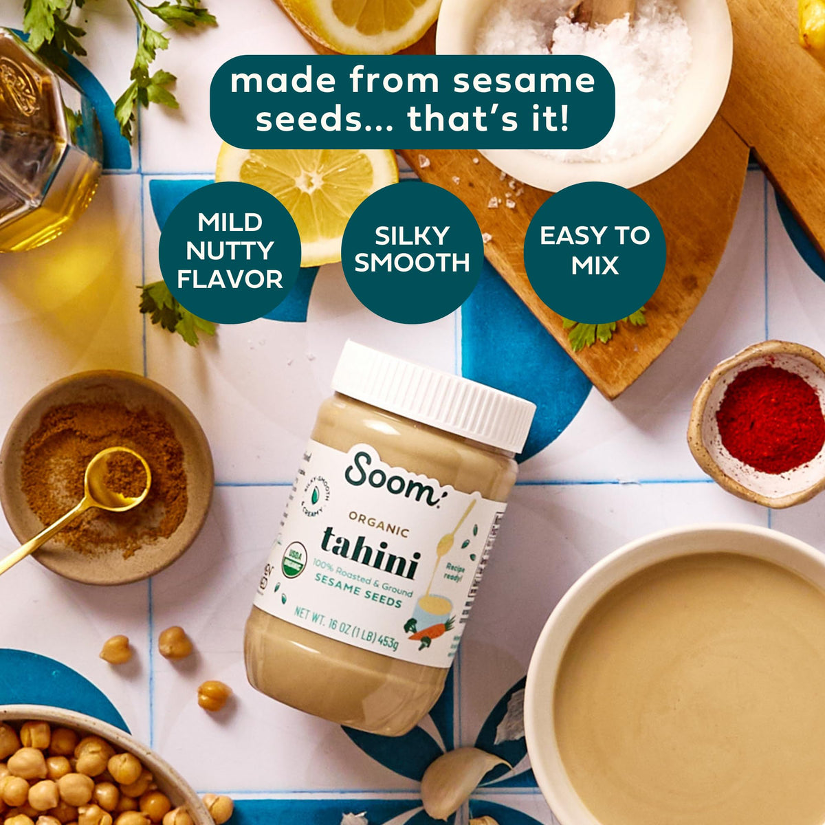 Soom Organic Tahini 16oz (2-Pack) – Creamy Sesame Paste for Hummus, Sauces & Desserts