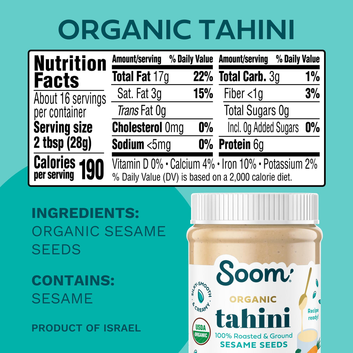 Soom Organic Tahini 16oz (2-Pack) – Creamy Sesame Paste for Hummus, Sauces & Desserts