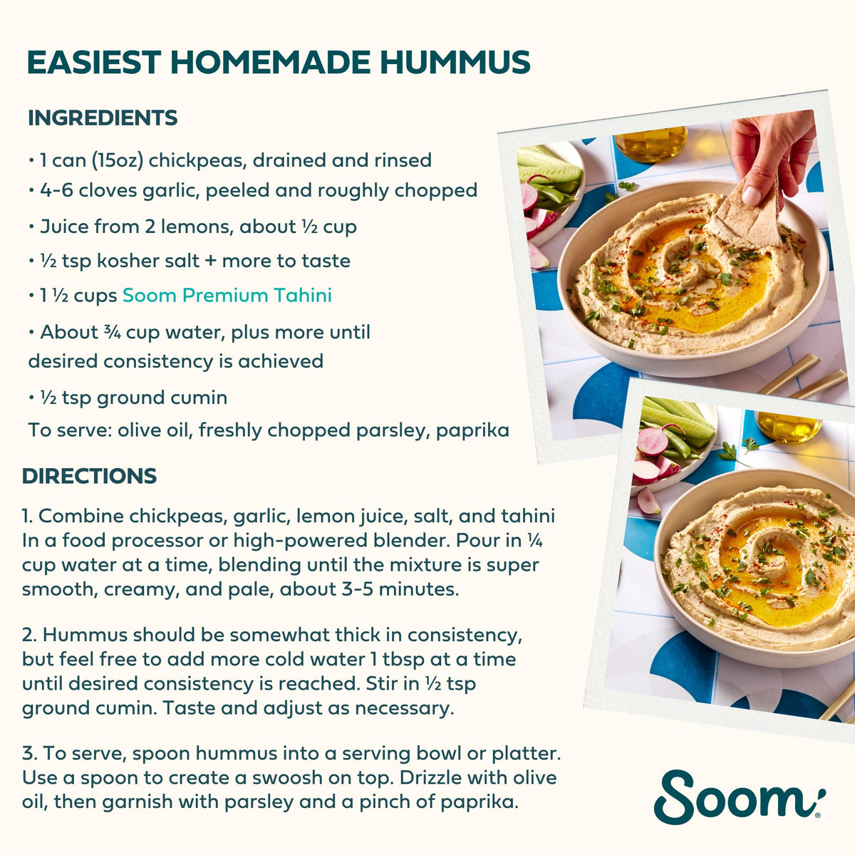 Soom Organic Tahini 16oz (2-Pack) – Creamy Sesame Paste for Hummus, Sauces & Desserts