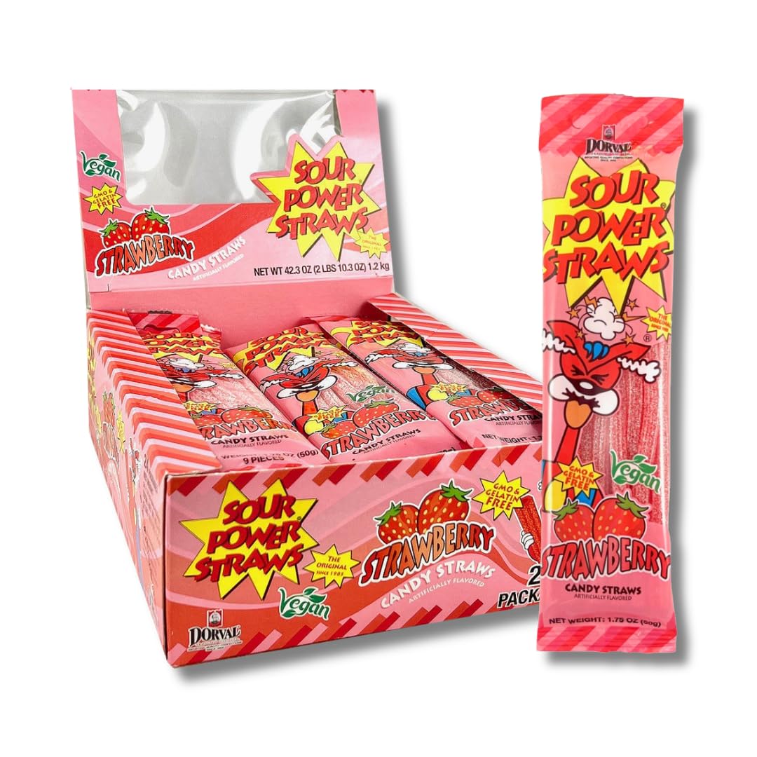 Sour Power Strawberry Straws – 24-Pack Vegan Sour Candy, 1.75 oz Each