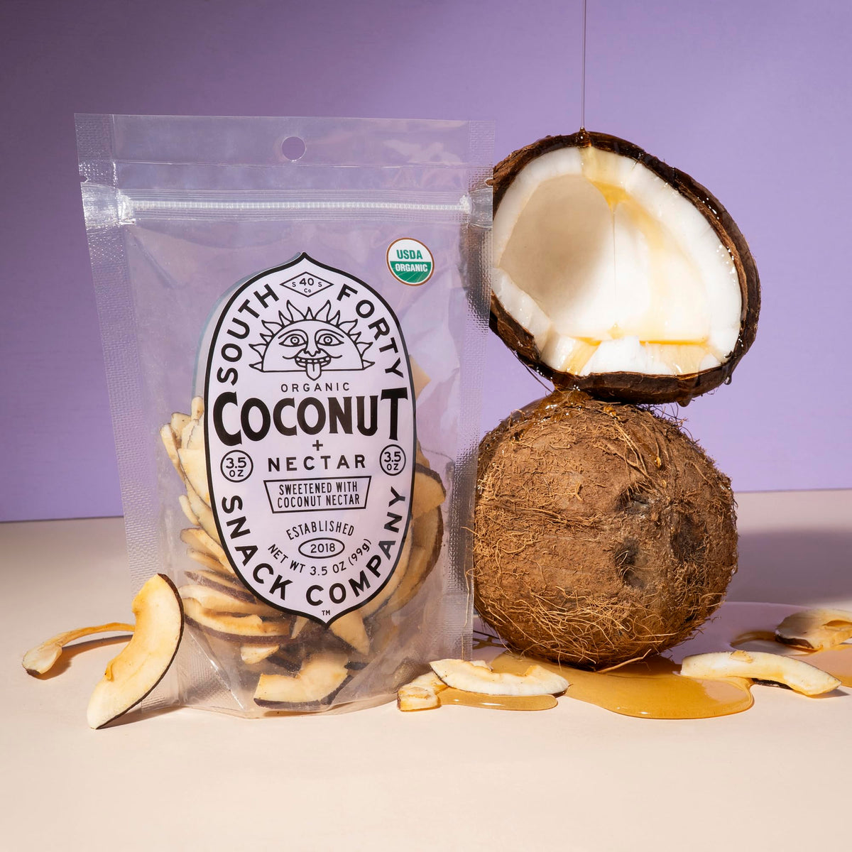 South 40 Snacks Organic Coconut Chips with Nectar – 3.5oz Bags, Pack of 4 | 2-Ingredient, Vegan, Gluten Free