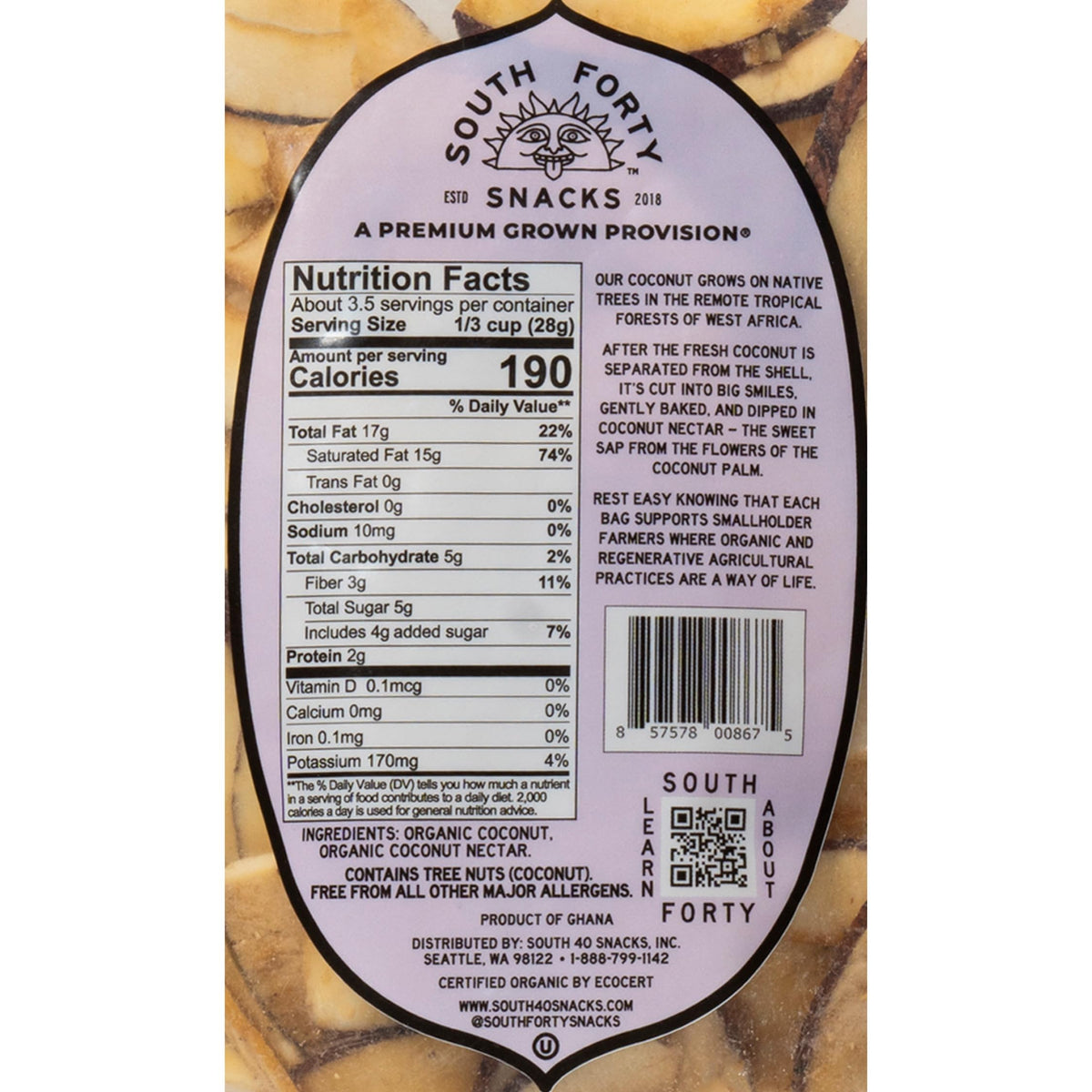 South 40 Snacks Organic Coconut Chips with Nectar – 3.5oz Bags, Pack of 4 | 2-Ingredient, Vegan, Gluten Free