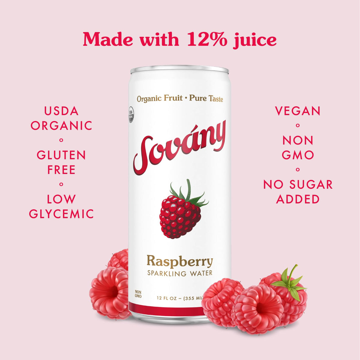 Sovány Raspberry Sparkling Water – Organic, Real Fruit, No Added Sugar, Low Calorie | 12 Pack