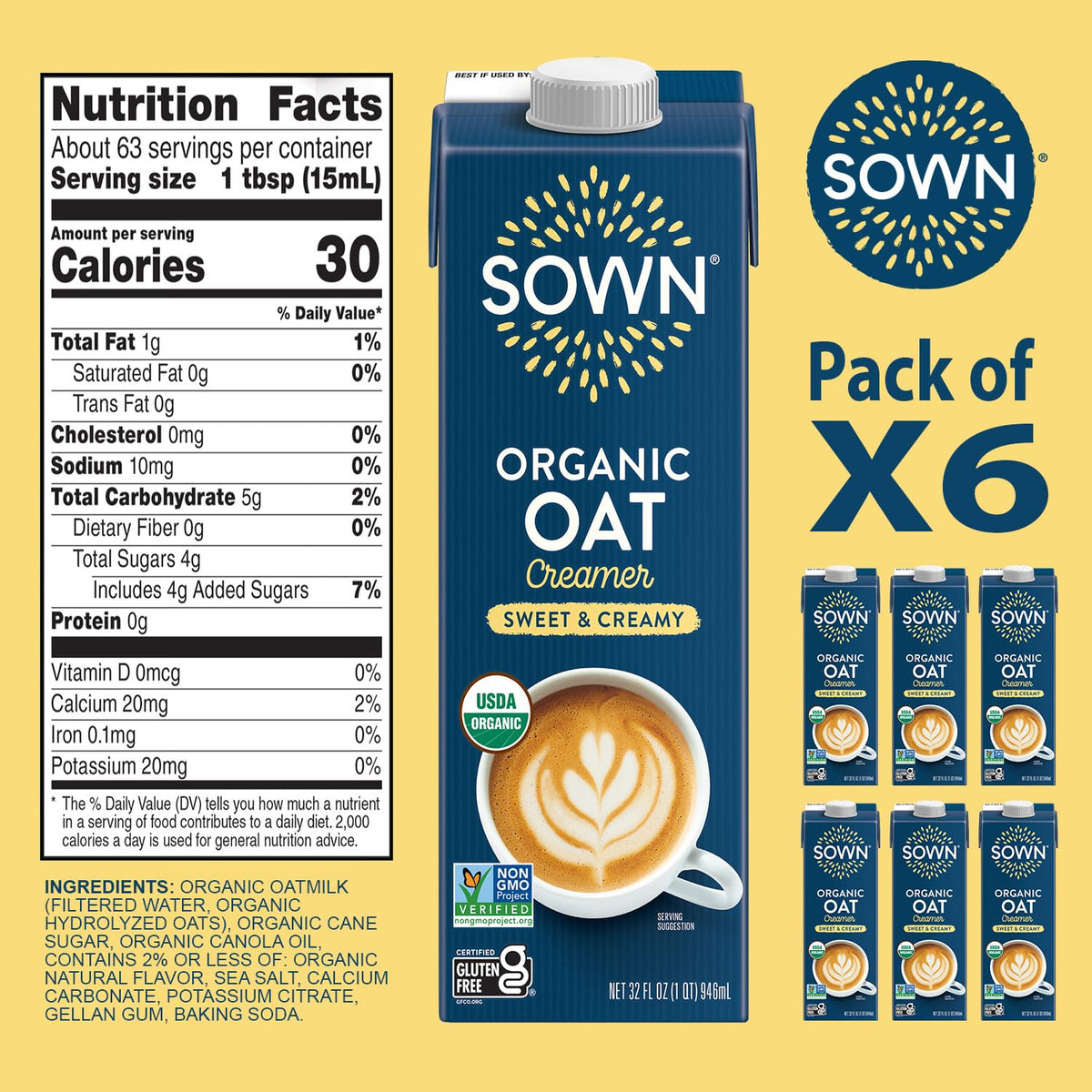 SOWN Organic Oat Creamer Sweet & Creamy – Barista Oat Milk Creamer, Dairy-Free, Gluten-Free, 32oz x6