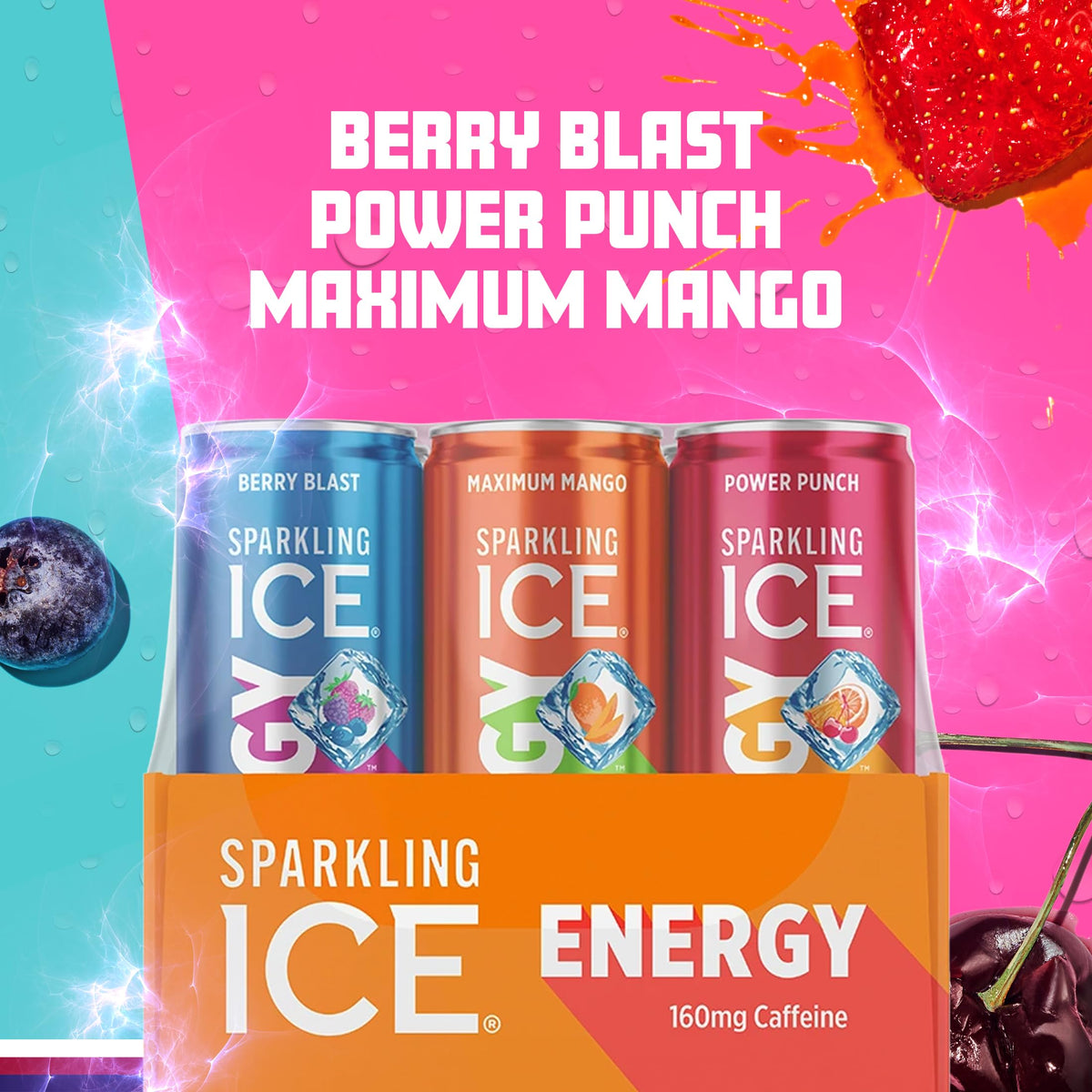 Sparkling Ice Energy Variety 12pk – Zero Sugar, 160mg Caffeine, Berry Blast, Maximum Mango & Power Punch