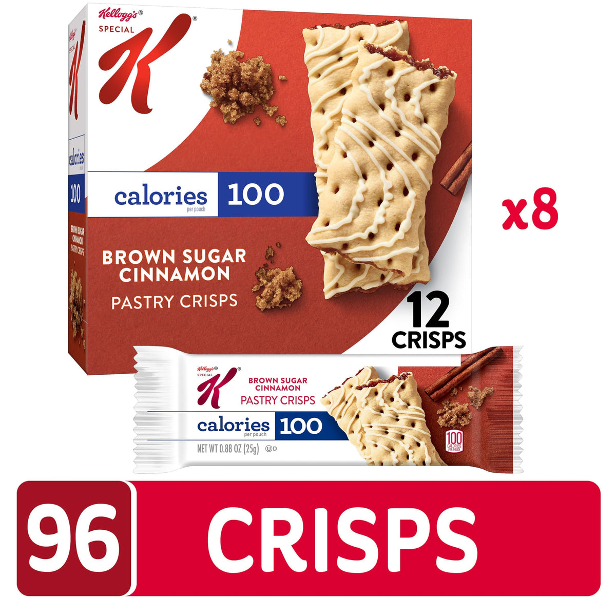 Special K Bar Pastry Crisps Brown Sugar Cinnamon – 100 Calorie Snacks (8 Boxes, 96 Count)