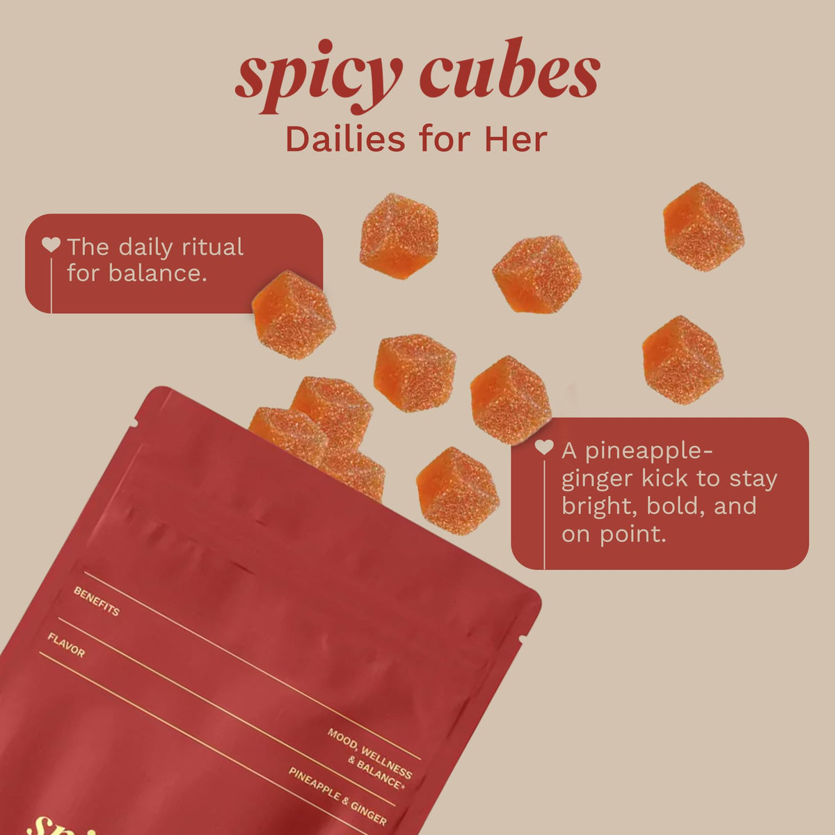 Spicy Cubes Dailies for Her – Feminine Balance Gummies with Saffron & Fenugreek, Pineapple Ginger Flavor (30 Gummies)
