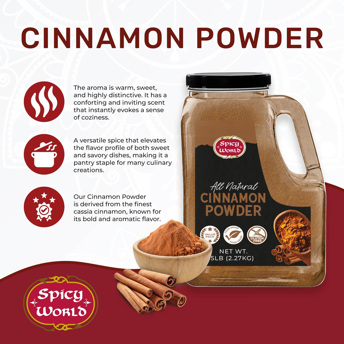 Spicy World Cinnamon Powder 5 lb Jar – Ground Cassia for Baking & Beverages