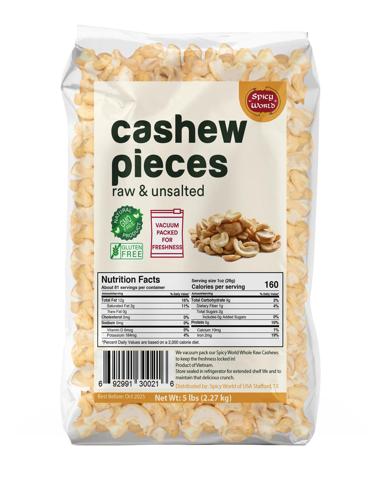 Spicy World Raw Cashew Pieces 80oz – Unsalted, Gluten Free, Vegan