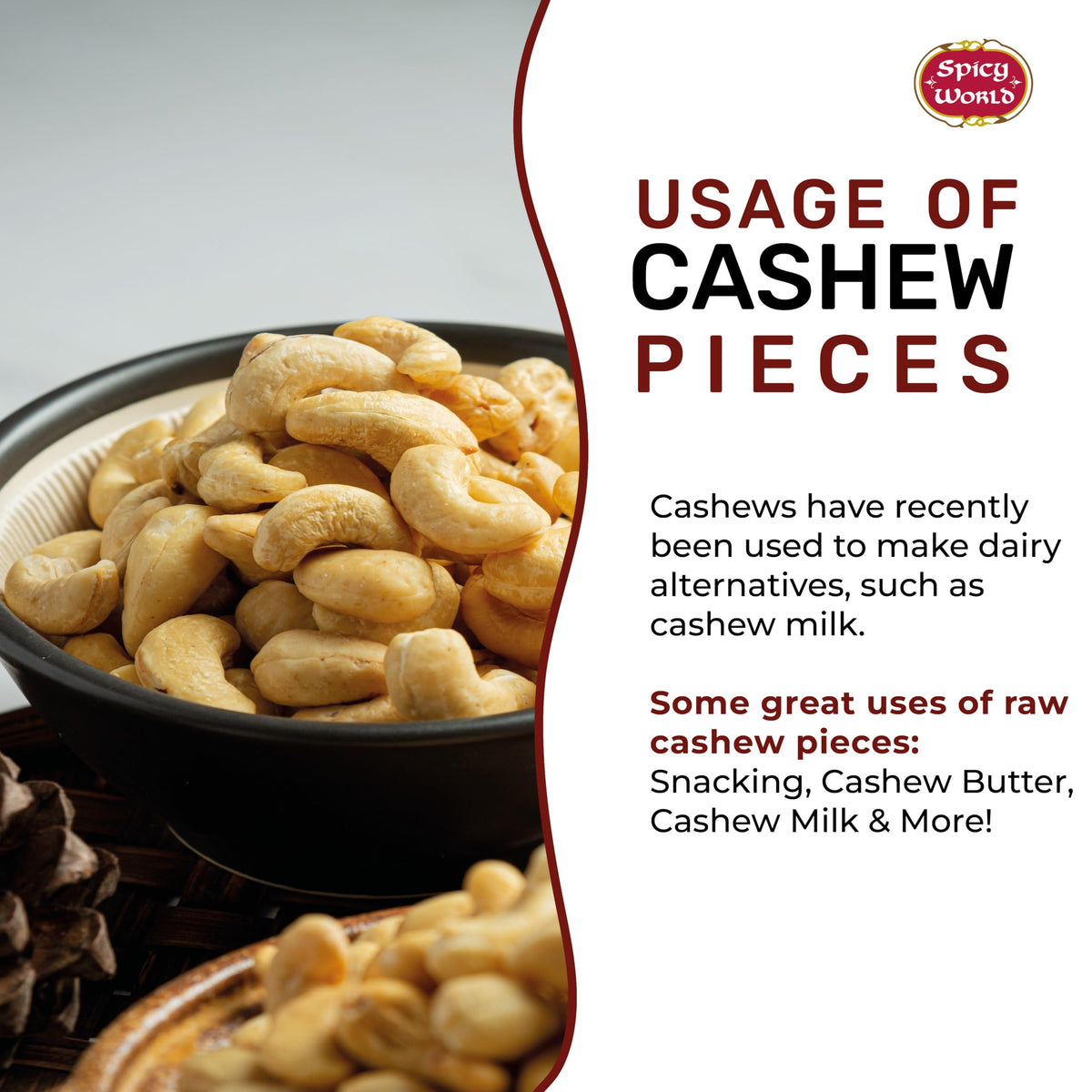 Spicy World Raw Cashew Pieces 80oz – Unsalted, Gluten Free, Vegan